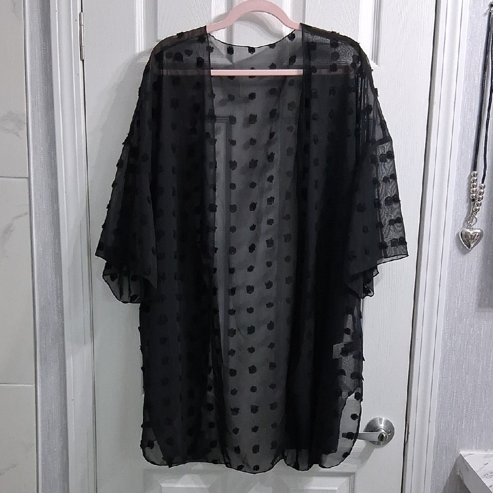 Kimono Coverup Black Sheer Swiss Dots Cruise Resort Vacation Lightweight Plus